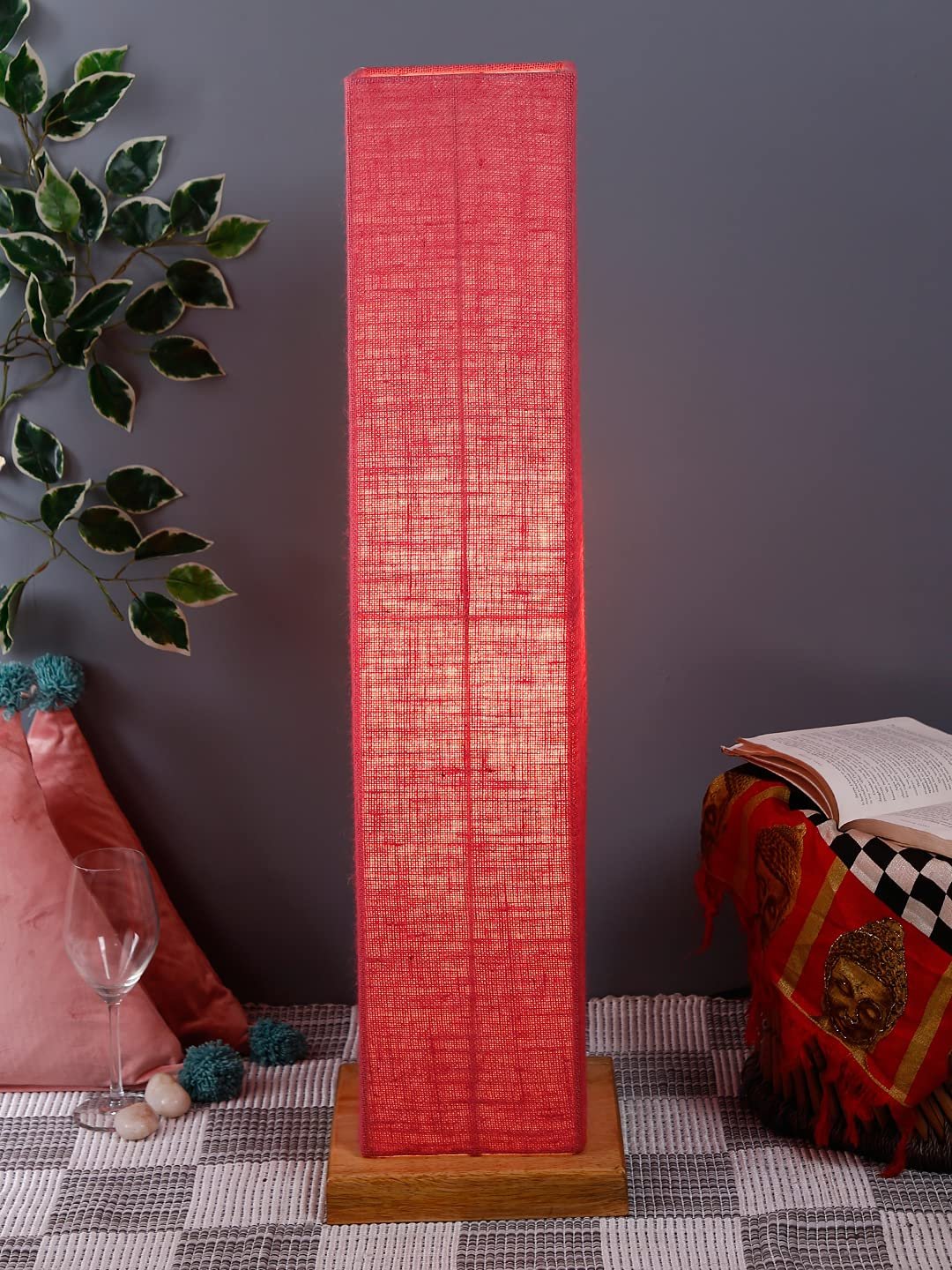 Pink Jute Square Shade Floor lamp with Wood Base .(Pink,Jute)