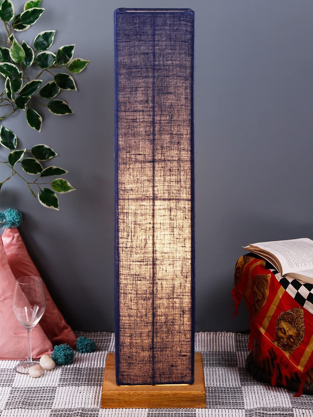 Blue Jute Square Shade Floor lamp with Wood Base .(Blue,Jute)
