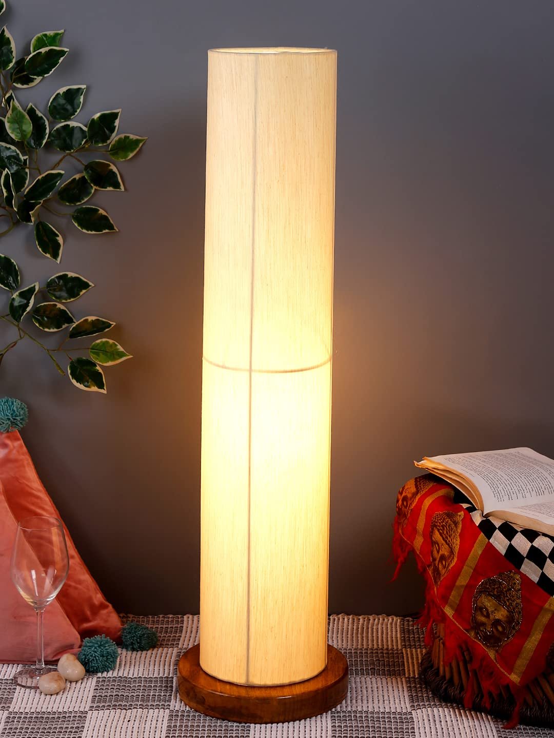 Off-White Round Cotton Shade Floor lamp with Wood Base .(Off-White,Cotton)