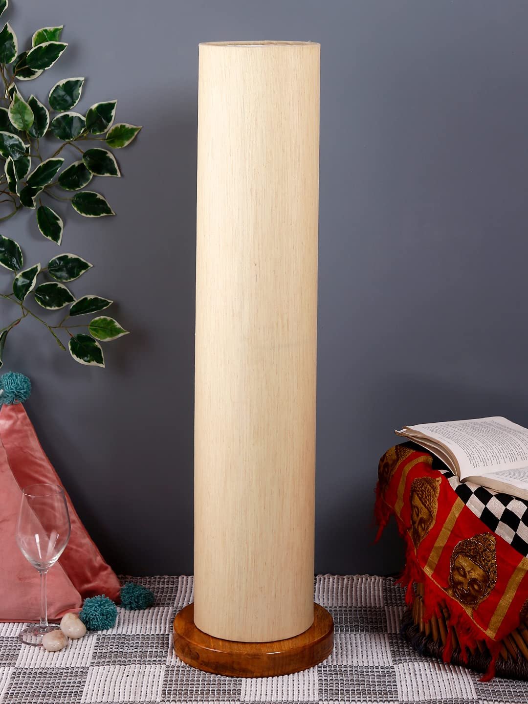 Off-White Round Cotton Shade Floor lamp with Wood Base .(Off-White,Cotton)
