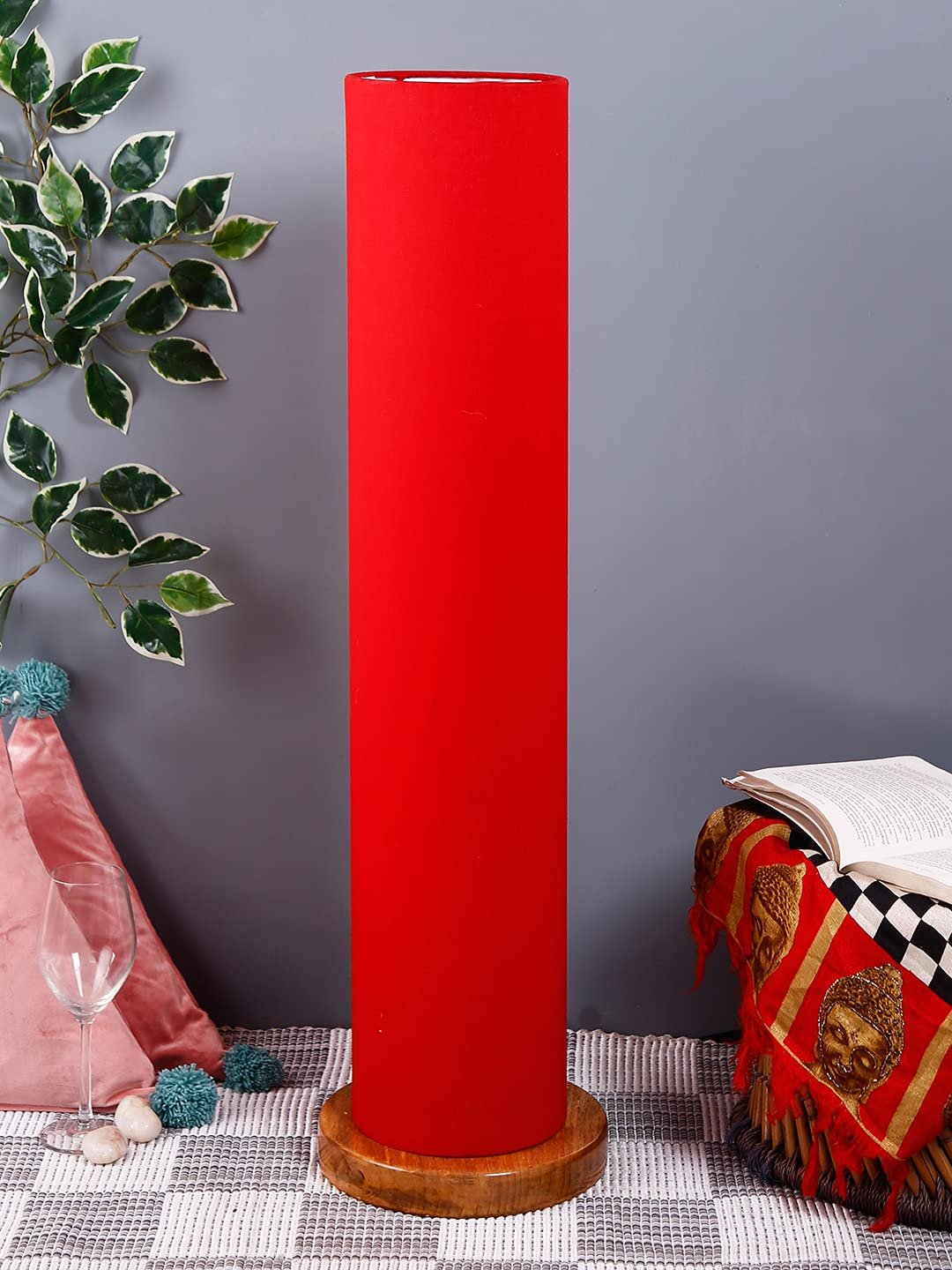 Red Round Cotton Shade Floor lamp with Wood Base .(Red,Cotton)