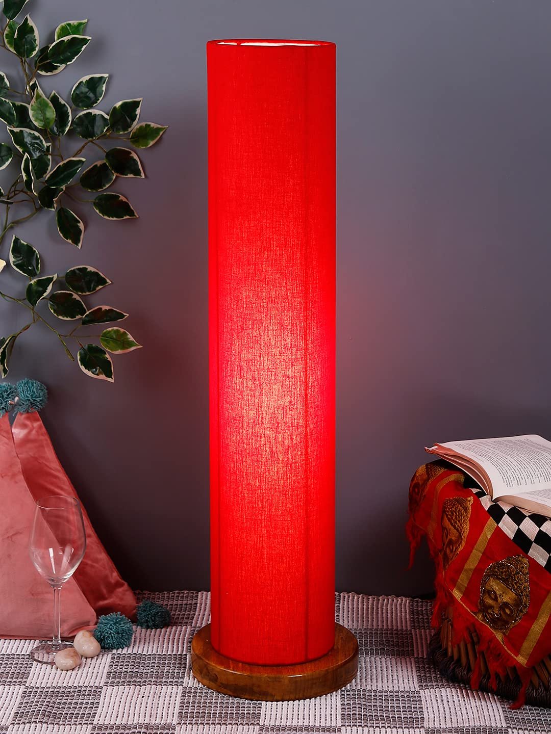Red Round Cotton Shade Floor lamp with Wood Base .(Red,Cotton)