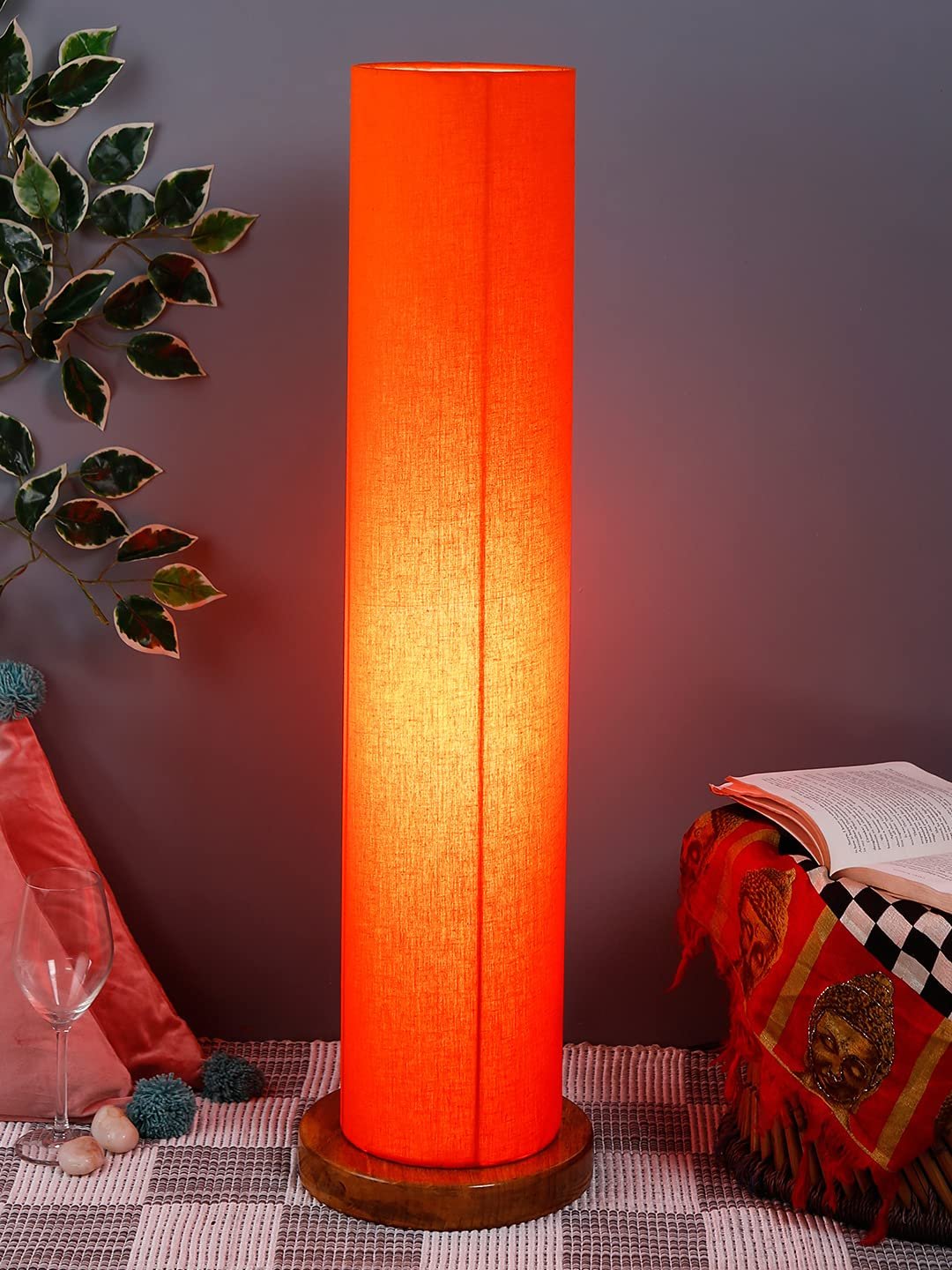 Orange Round Cotton Shade Floor lamp with Wood Base .(Orange,Cotton)