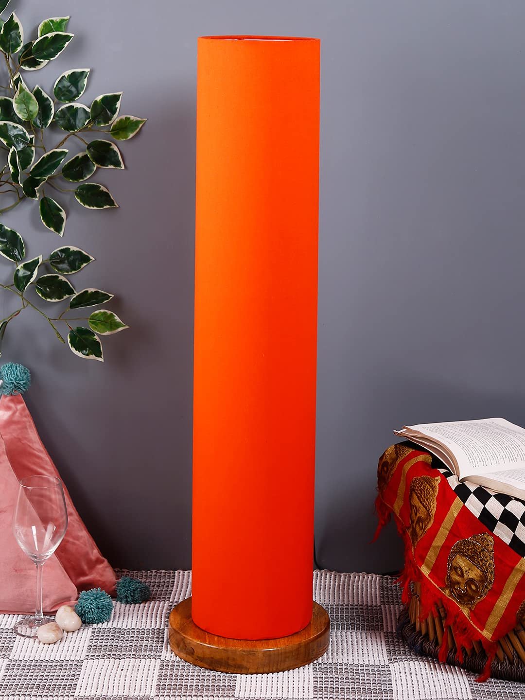 Orange Round Cotton Shade Floor lamp with Wood Base .(Orange,Cotton)