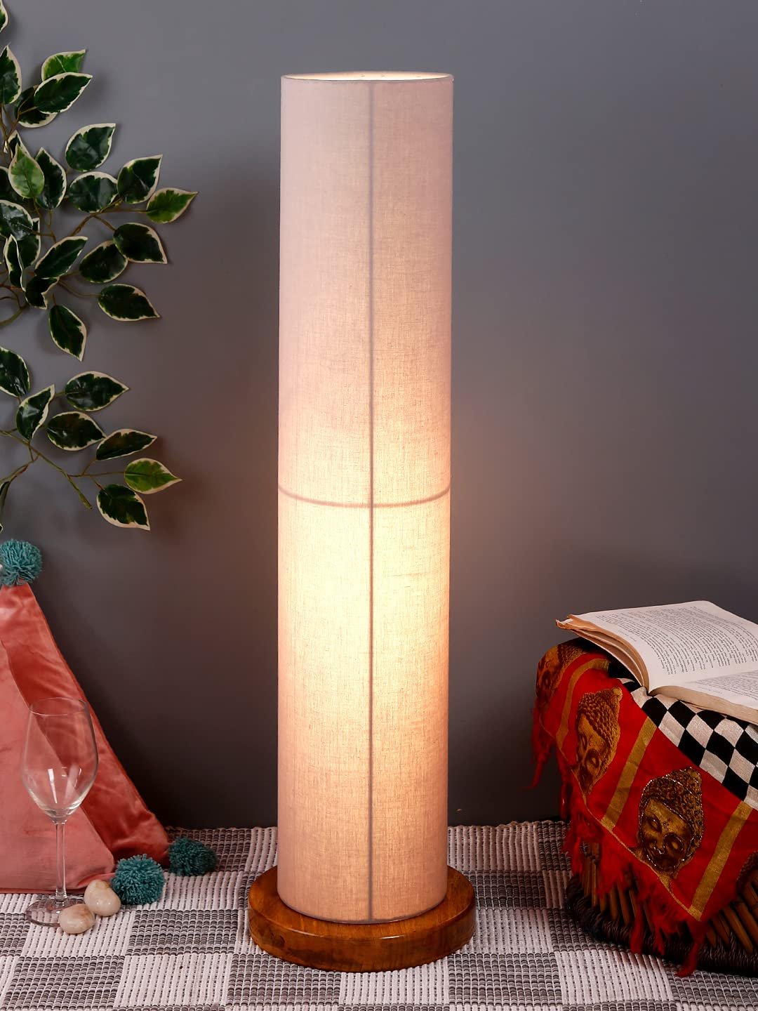 Grey Round Cotton Shade Floor lamp with Wood Base .(Grey, Cotton)