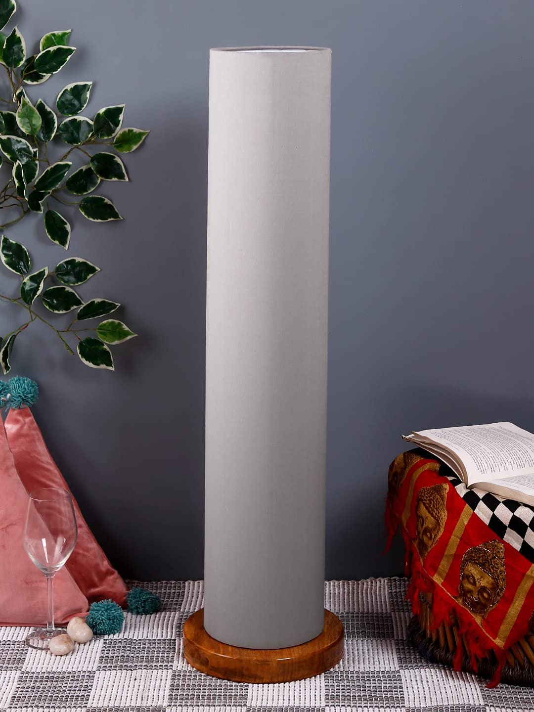 Grey Round Cotton Shade Floor lamp with Wood Base .(Grey, Cotton)