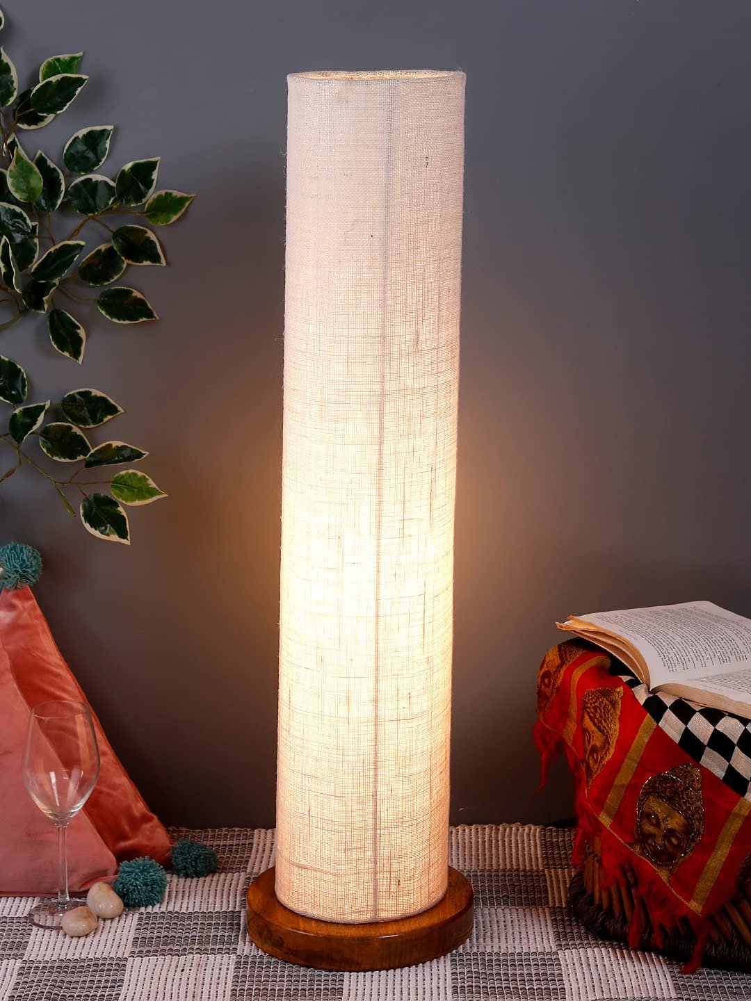White Jute Round Shade Floor lamp with Wood Base .(White,Jute)
