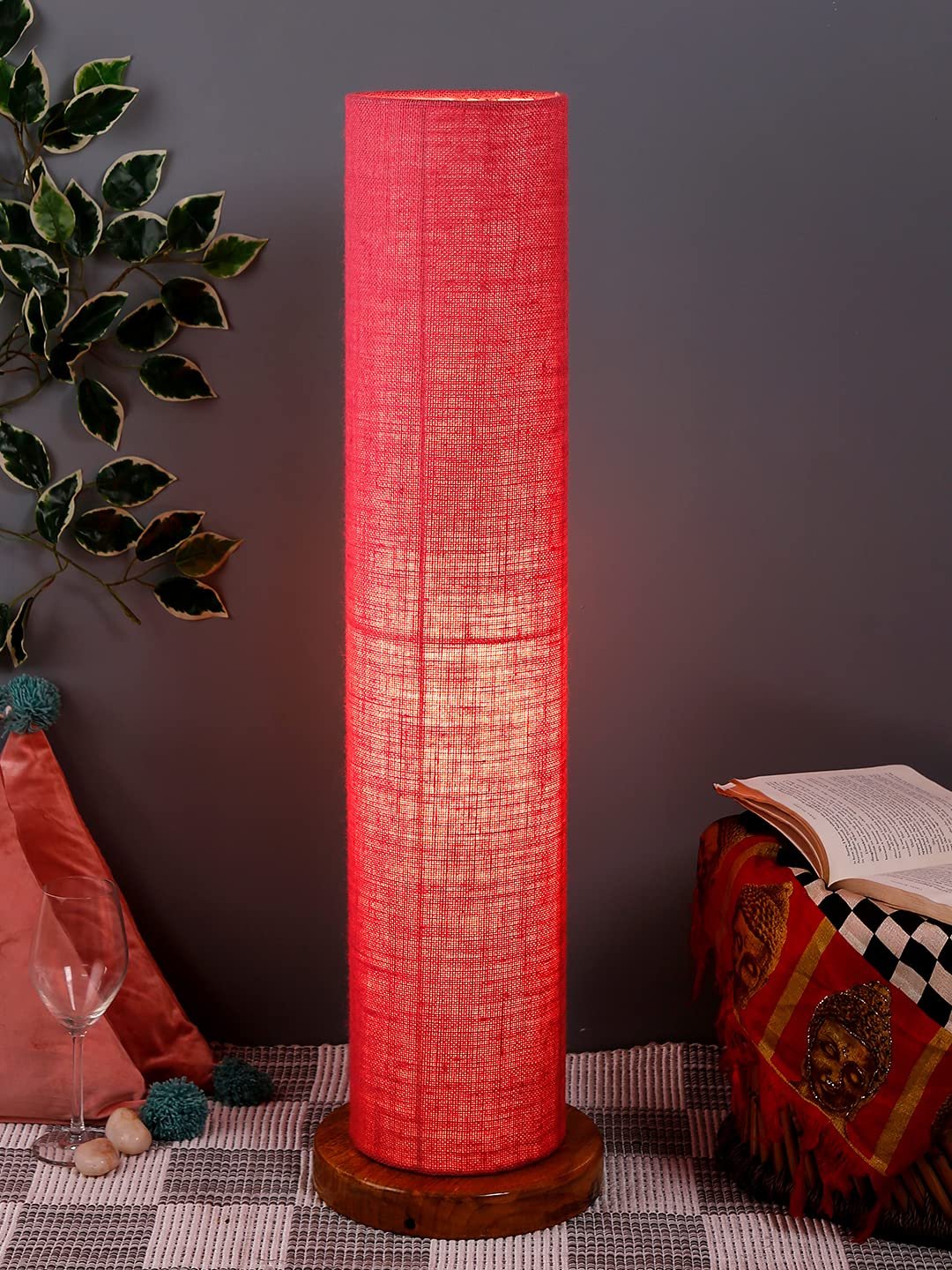 Pink Jute Round Shade Floor lamp with Wood Base .(Pink,Jute)