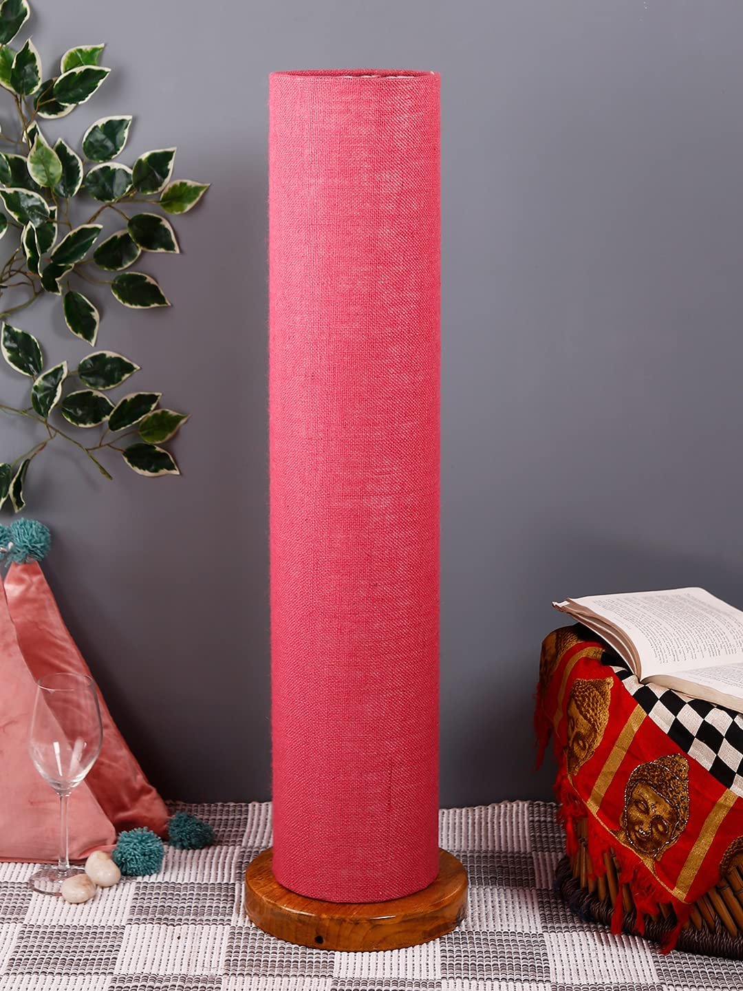 Pink Jute Round Shade Floor lamp with Wood Base .(Pink,Jute)
