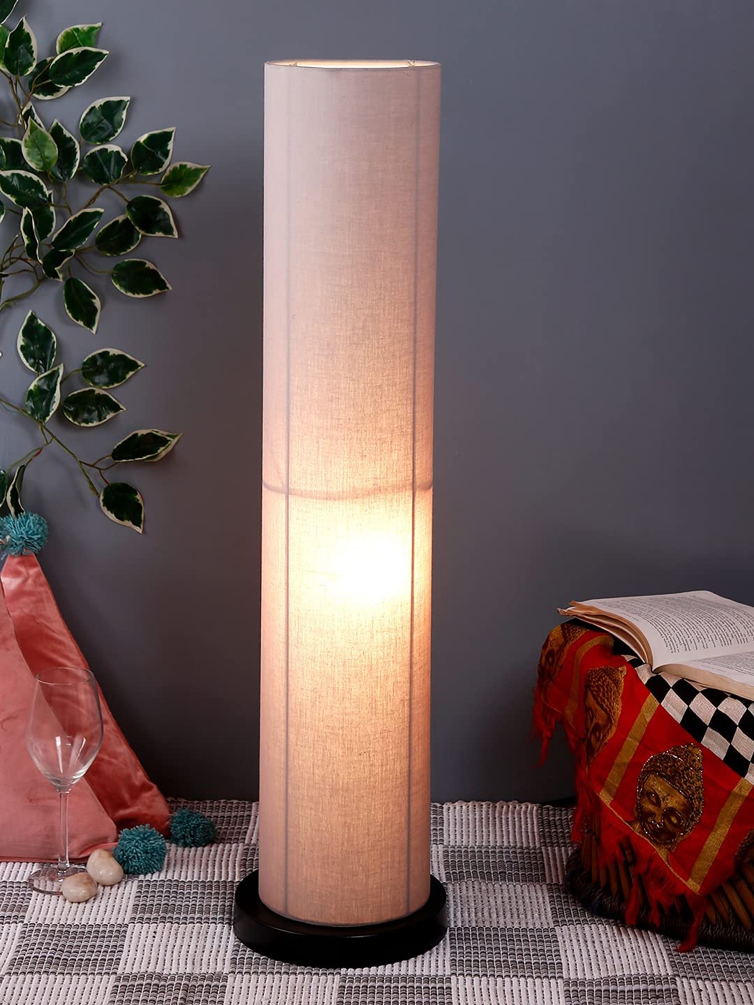 Grey Round Cotton Shade Floor lamp with Black Iron Base