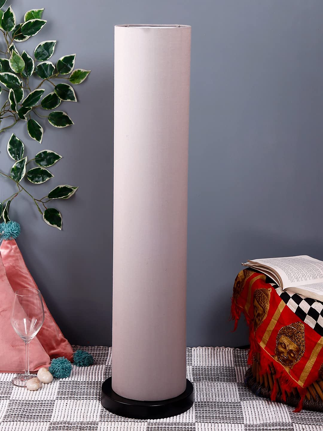 Grey Round Cotton Shade Floor lamp with Black Iron Base