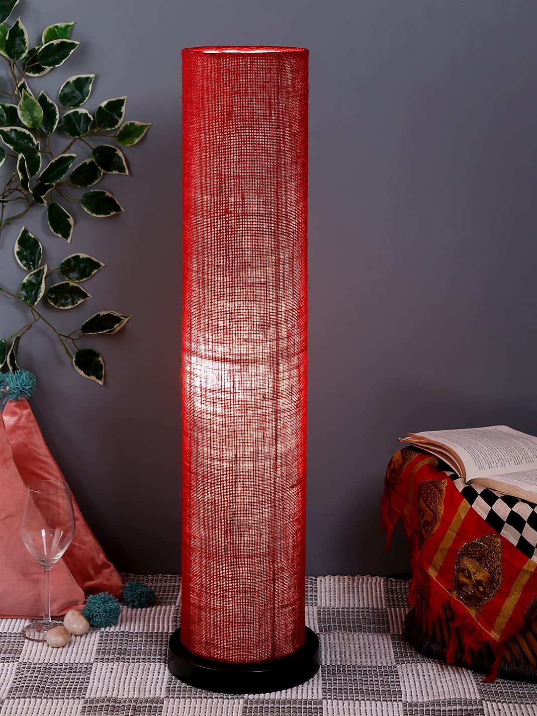 Maroon Jute Round Shade Floor lamp with Black Iron Base