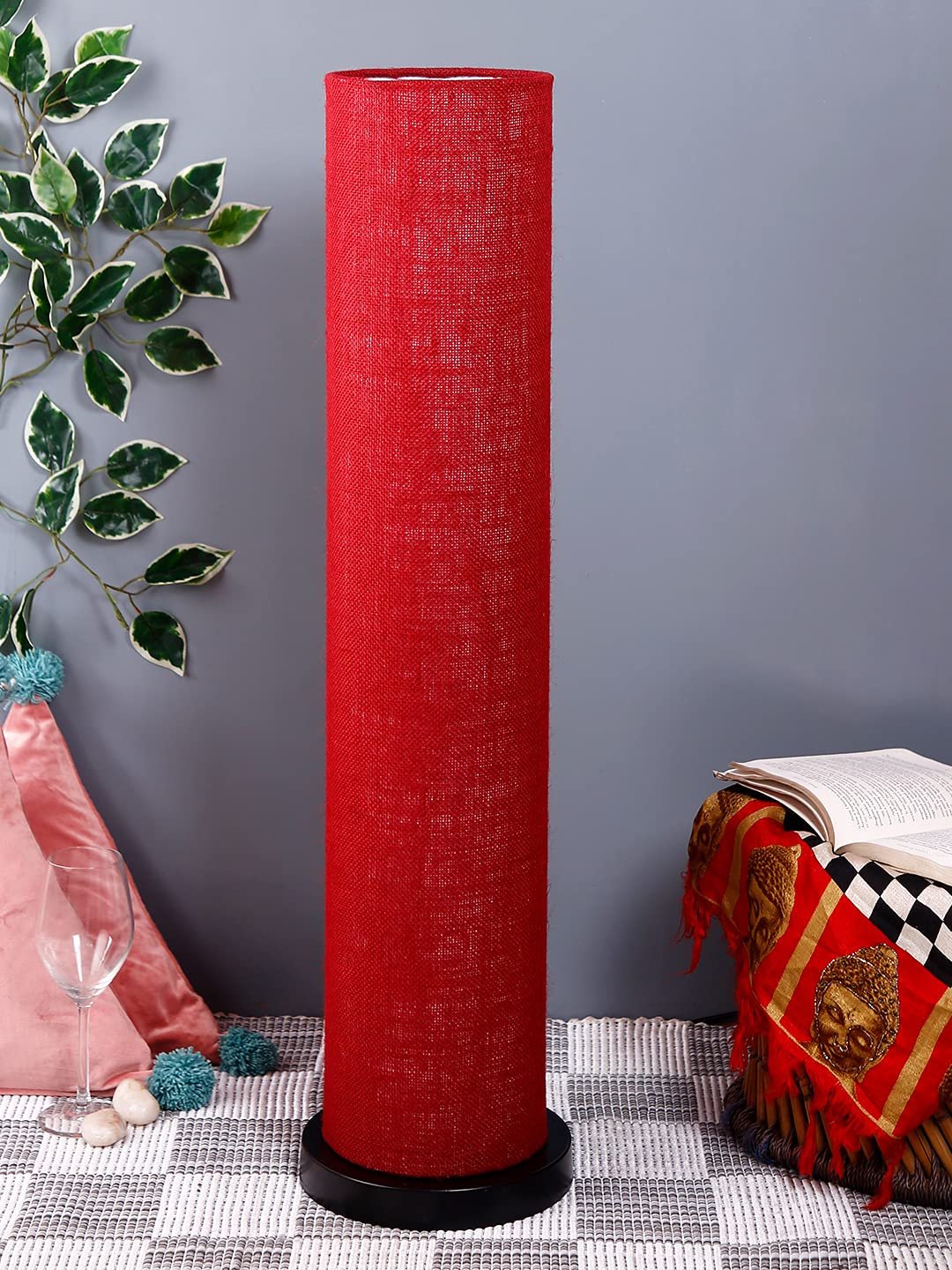 Maroon Jute Round Shade Floor lamp with Black Iron Base