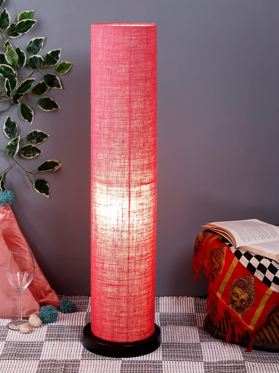 Pink Jute Round Shade Floor lamp with Black Iron Base