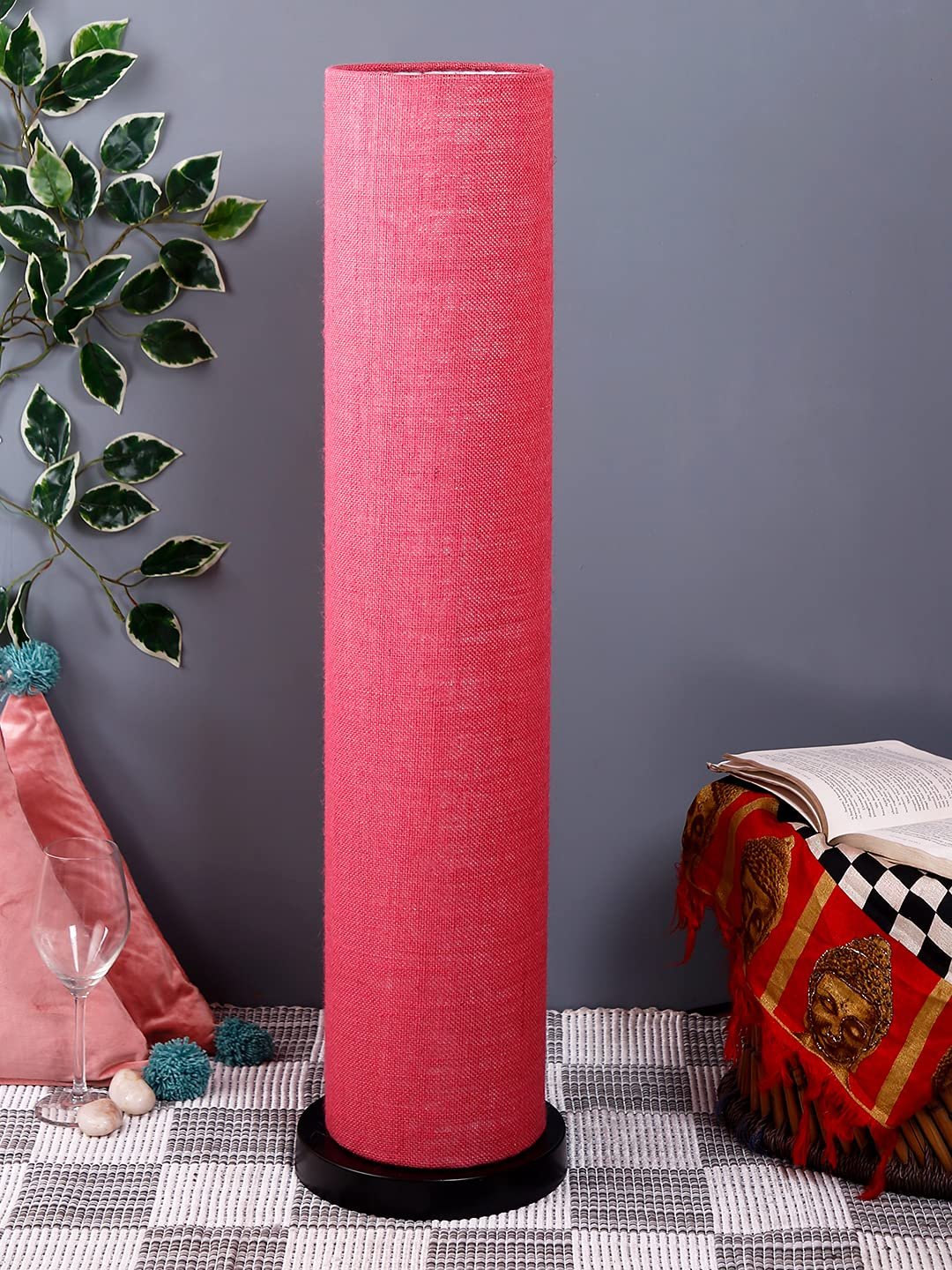 Pink Jute Round Shade Floor lamp with Black Iron Base