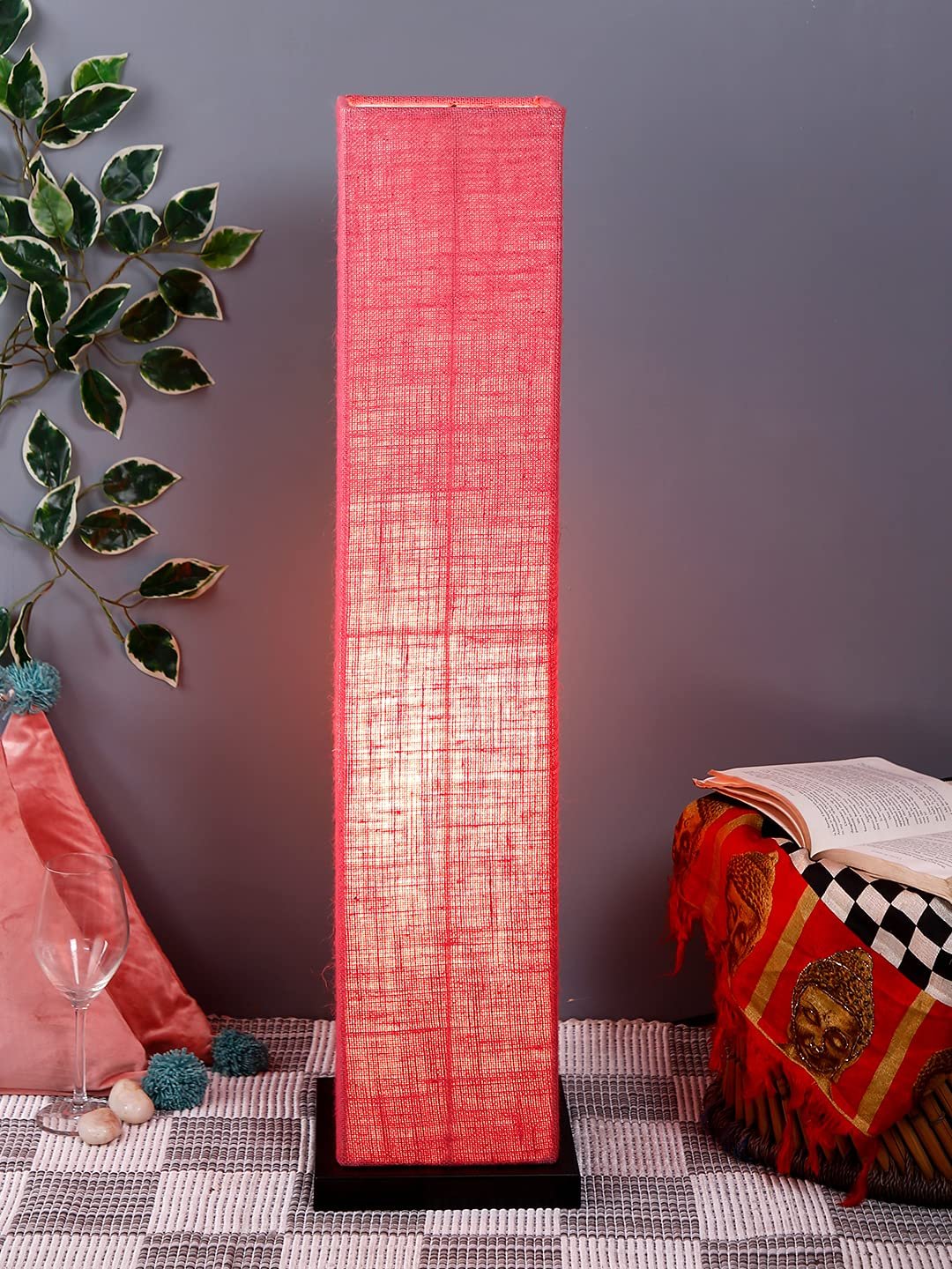 Pink Jute Square Shade Floor lamp with Black Iron Base