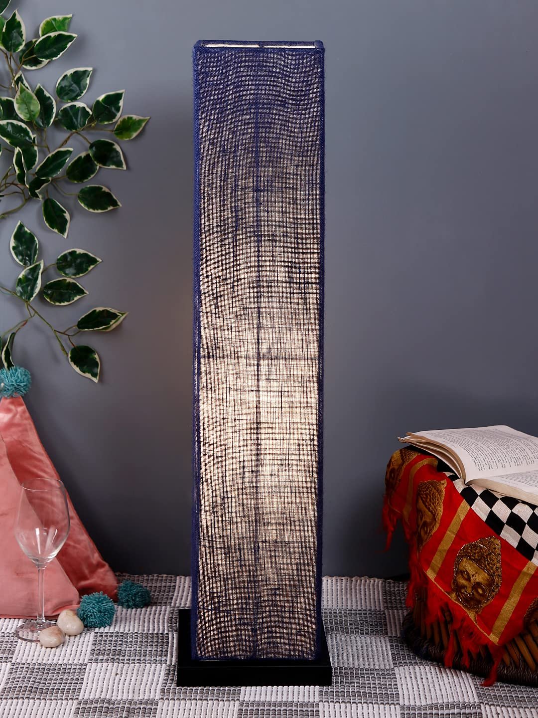 Blue Jute Square Shade Floor lamp with Black Iron Base