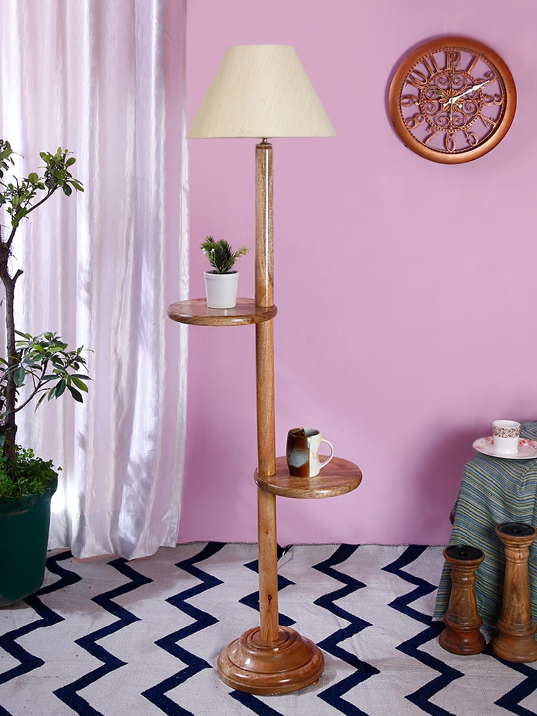 Off-White Cotton Conical Wooden Floor Shelf Lamp -20(14x55.75inches) -