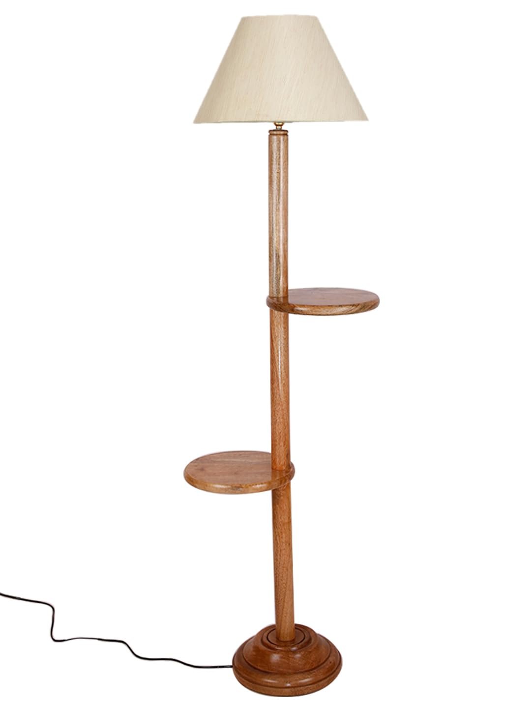 Off-White Cotton Conical Wooden Floor Shelf Lamp -20(14x55.75inches) -