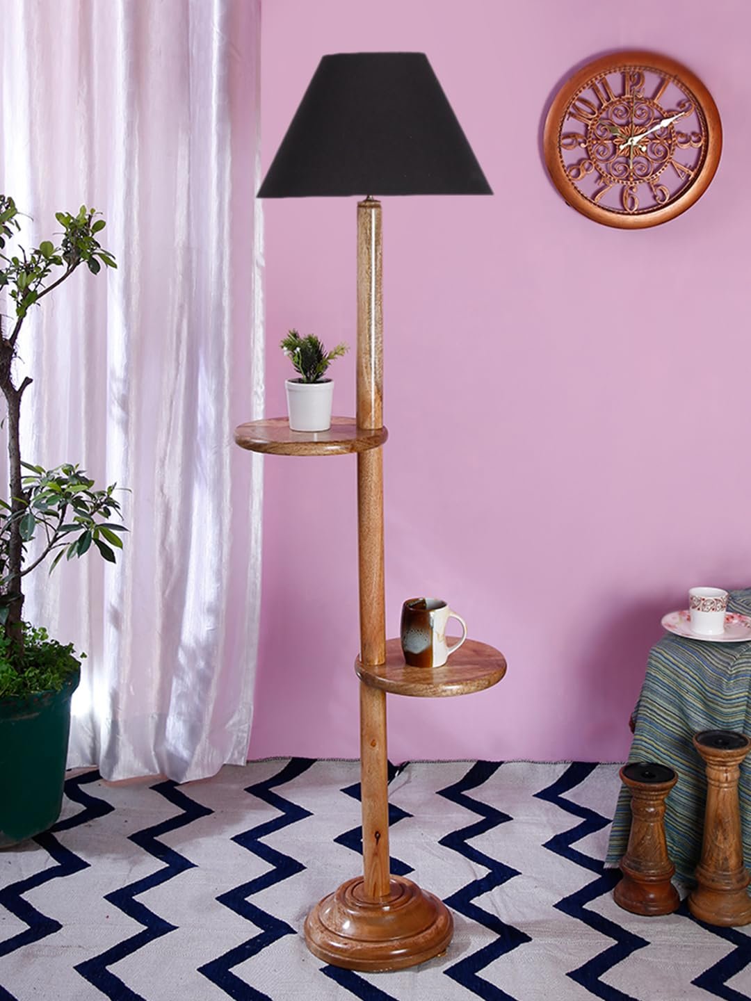 Black Cotton Conical Wooden Floor Shelf Lamp -21 (14x55.75inches) -