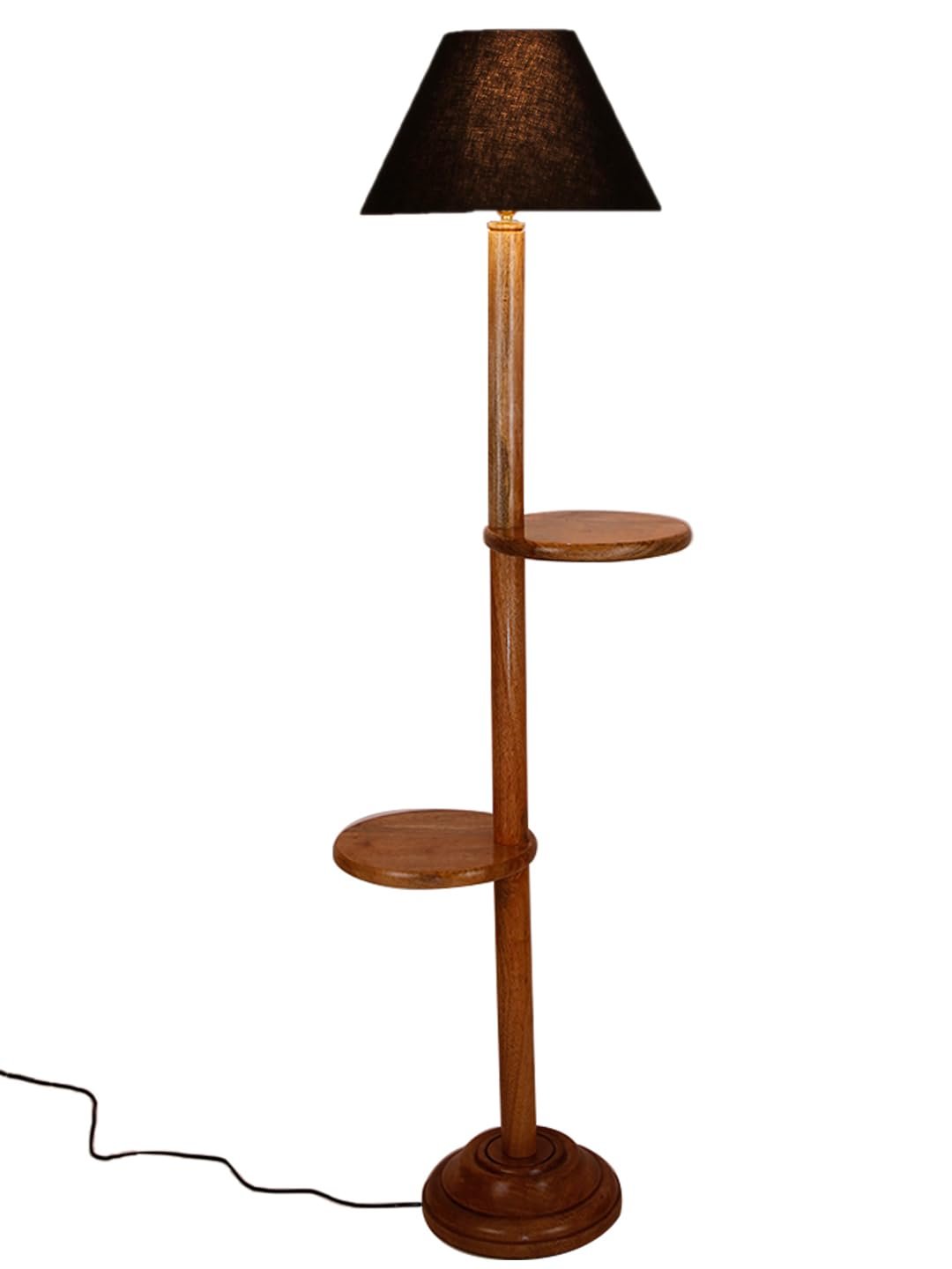 Black Cotton Conical Wooden Floor Shelf Lamp -21 (14x55.75inches) -