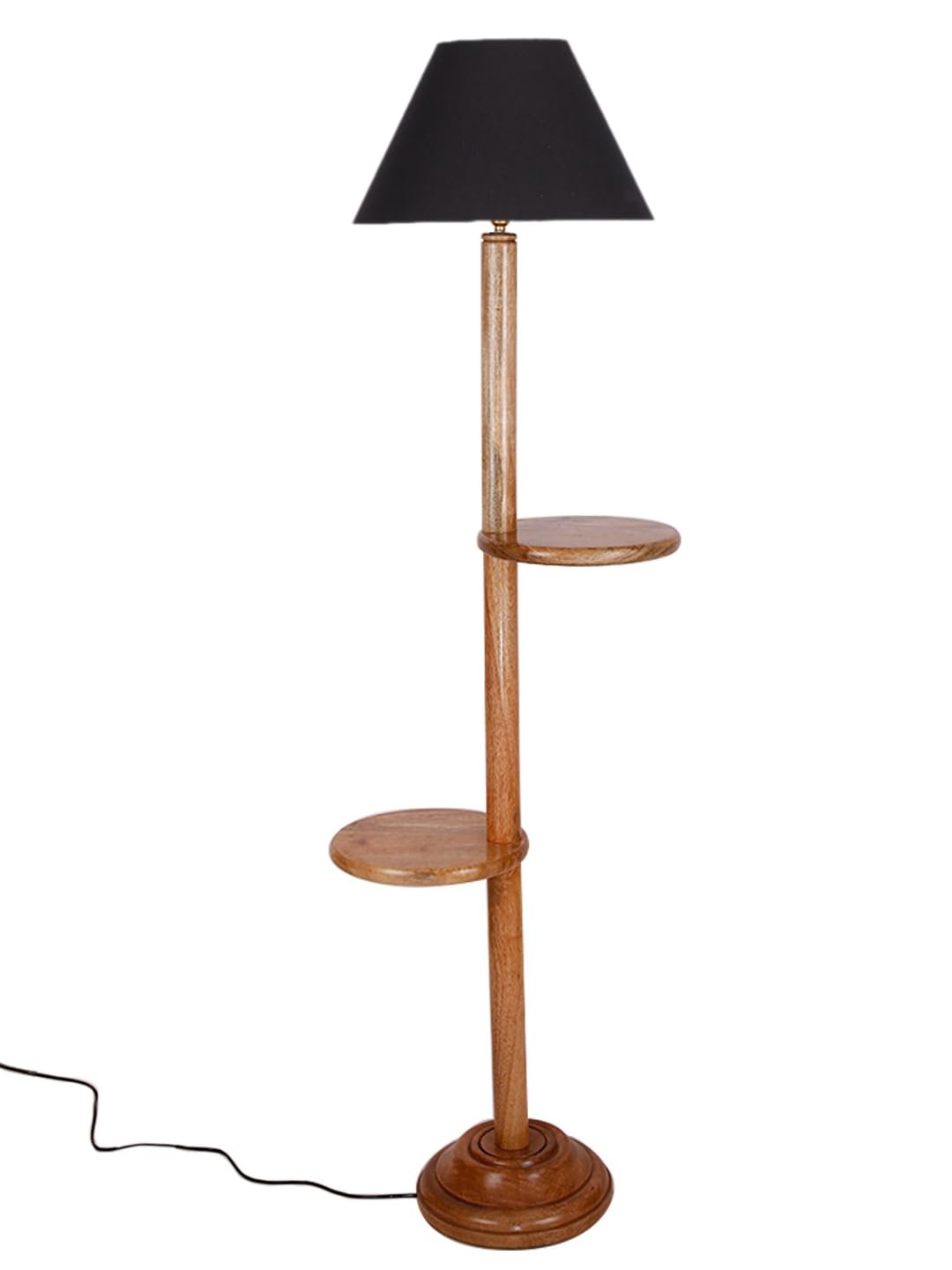 Black Cotton Conical Wooden Floor Shelf Lamp -21 (14x55.75inches) -