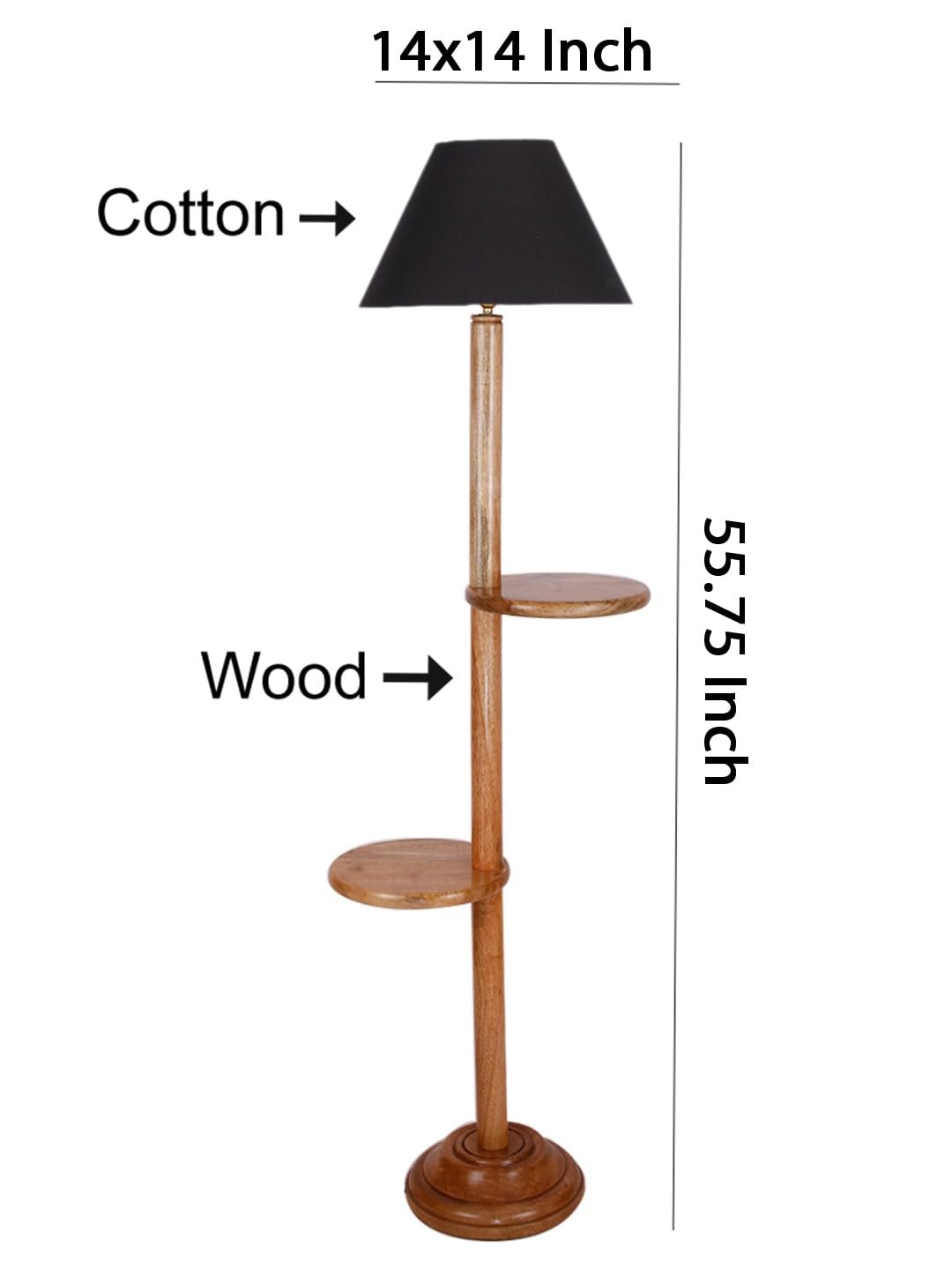 Black Cotton Conical Wooden Floor Shelf Lamp -21 (14x55.75inches) -