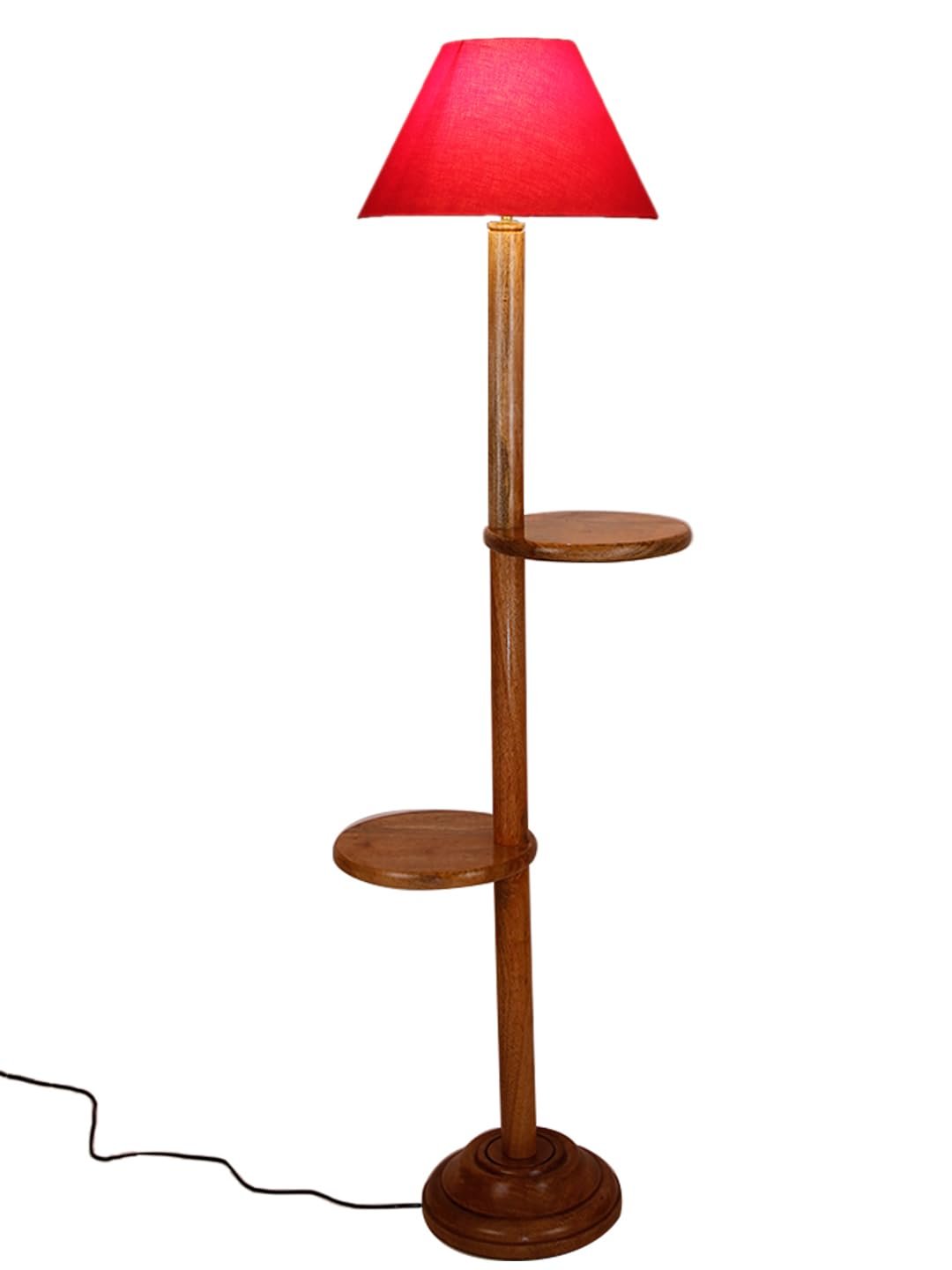 Red Cotton Conical Wooden Floor Shelf Lamp -22-(14x55.75inches) -
