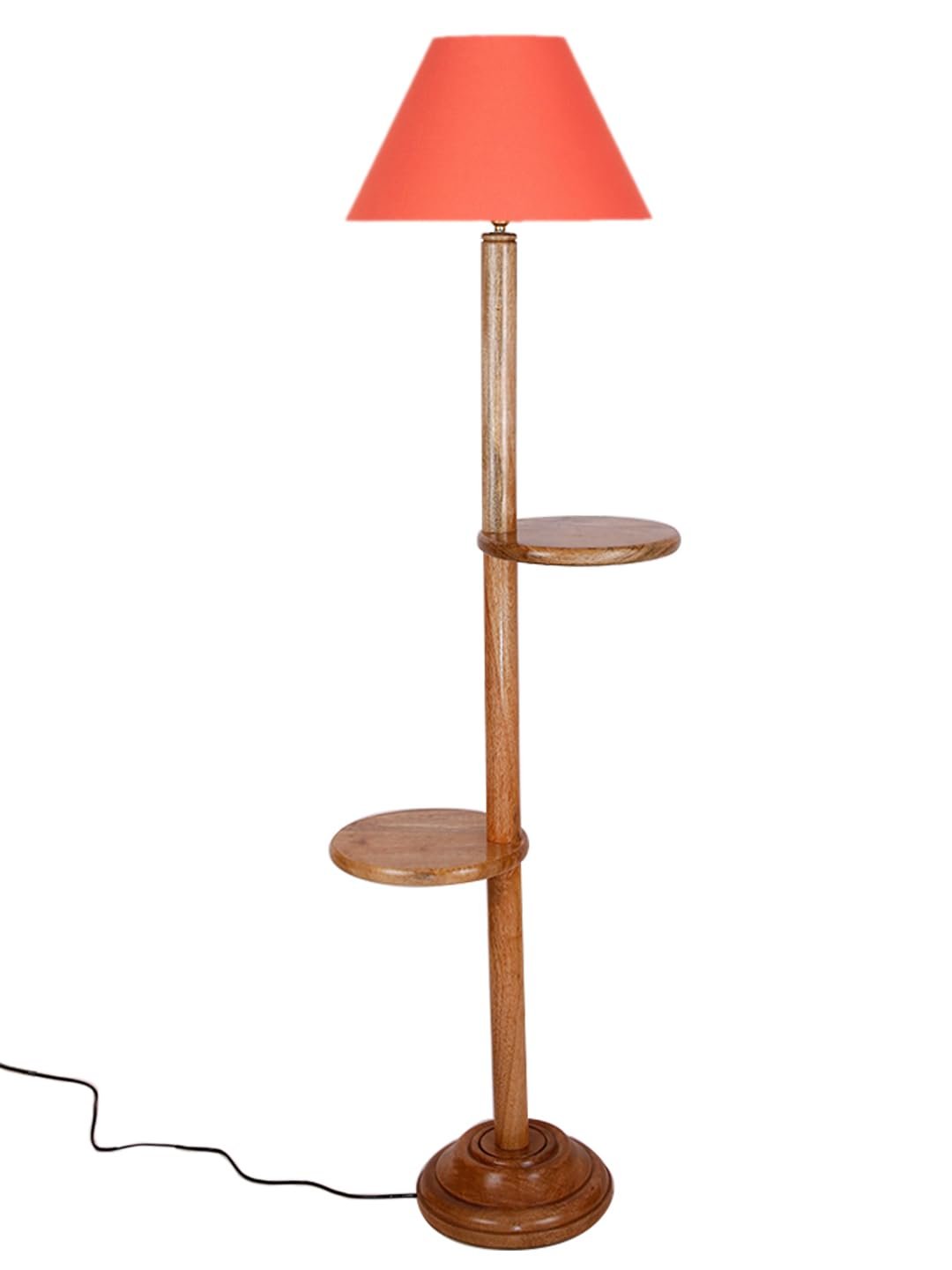 Orange Cotton Conical Wooden Floor Shelf Lamp -23-(14x55.75inches) -