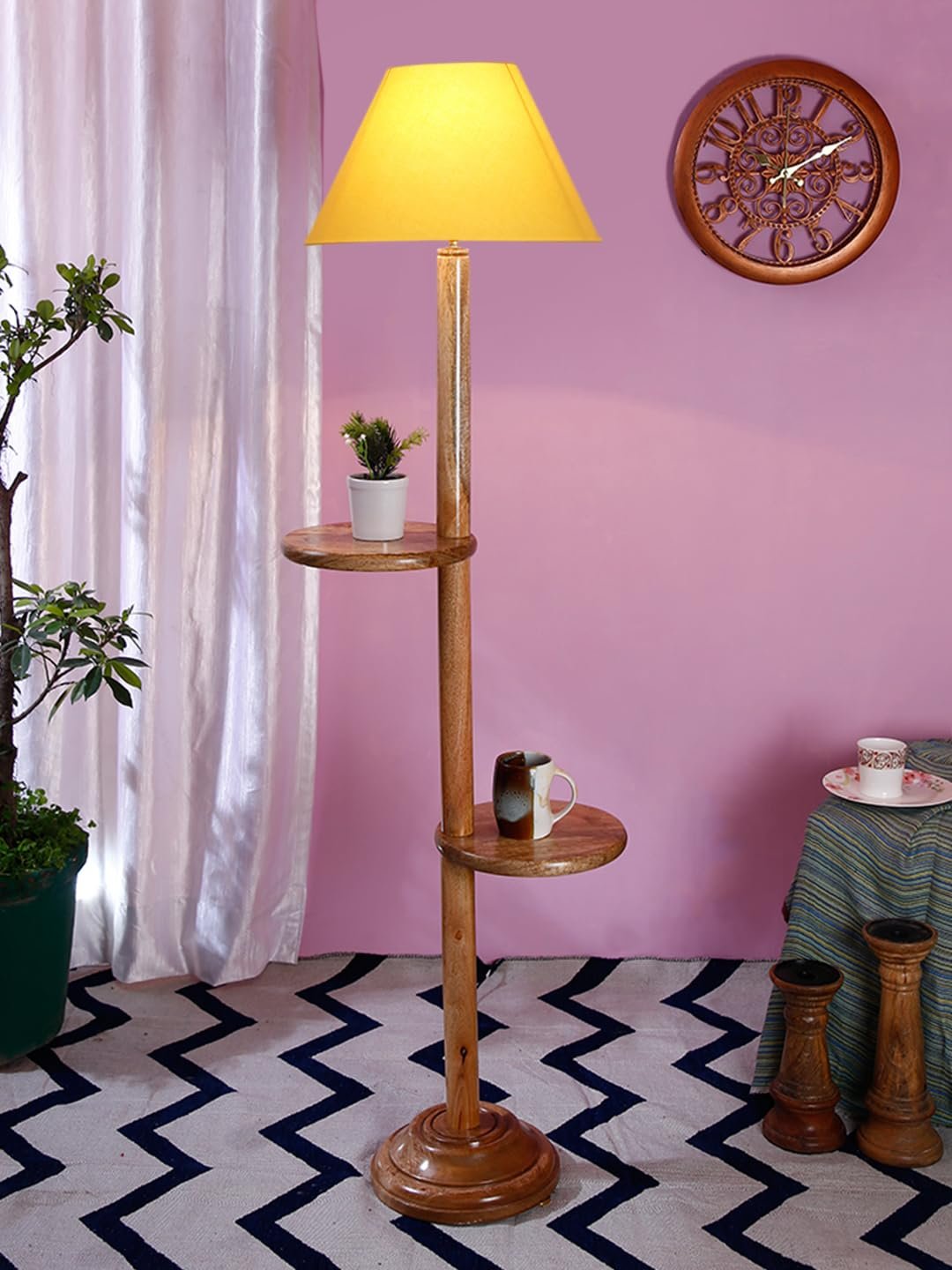 Yellow Cotton Conical Wooden Floor Shelf Lamp -24-(14x55.75inches) -