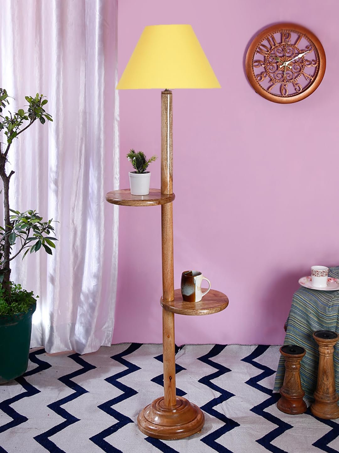 Yellow Cotton Conical Wooden Floor Shelf Lamp -24-(14x55.75inches) -