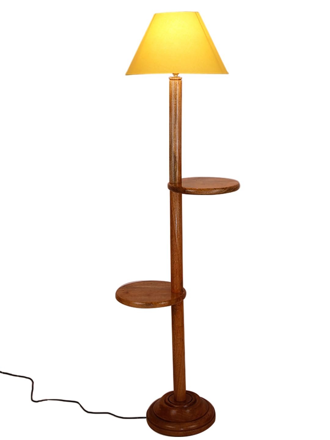 Yellow Cotton Conical Wooden Floor Shelf Lamp -24-(14x55.75inches) -
