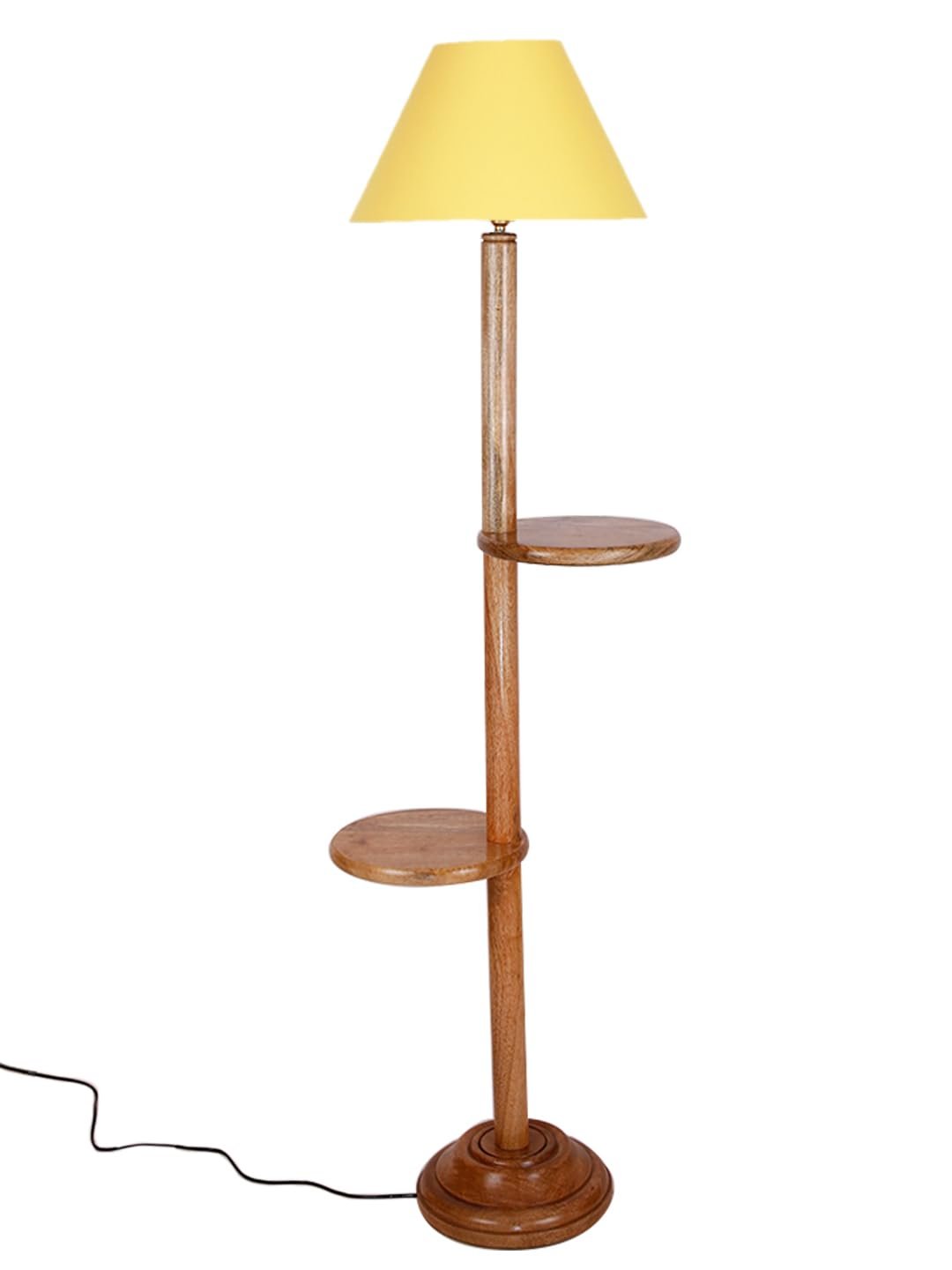 Yellow Cotton Conical Wooden Floor Shelf Lamp -24-(14x55.75inches) -