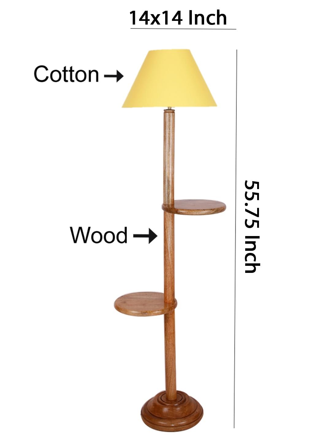 Yellow Cotton Conical Wooden Floor Shelf Lamp -24-(14x55.75inches) -
