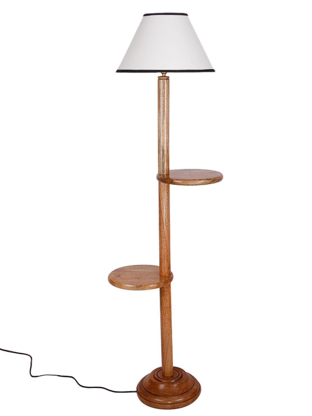 White & Black Cotton Conical Wooden Floor Shelf Lamp -26-(14x55.75inches) -