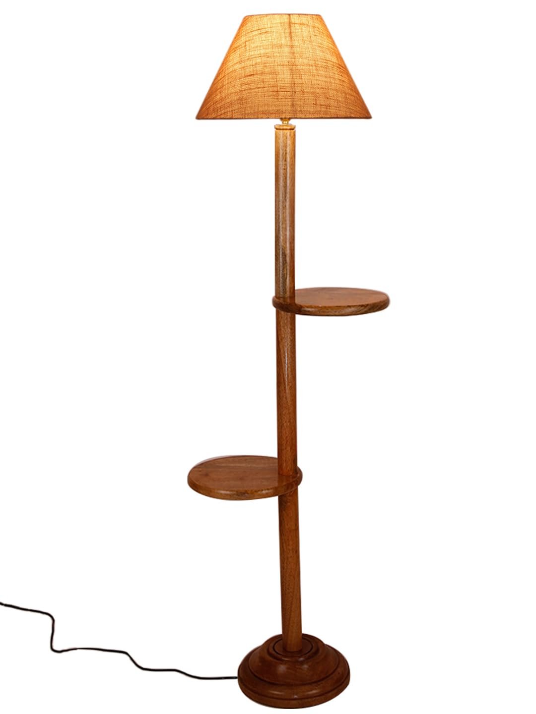 Beige Jute Conical Wooden Floor Shelf Lamp -27-(14x55.75inches) -