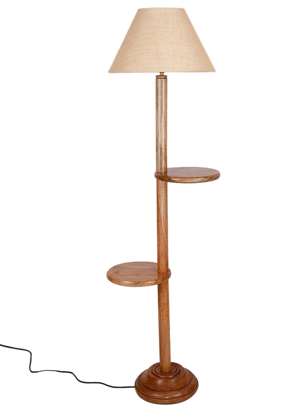 Beige Jute Conical Wooden Floor Shelf Lamp -27-(14x55.75inches) -