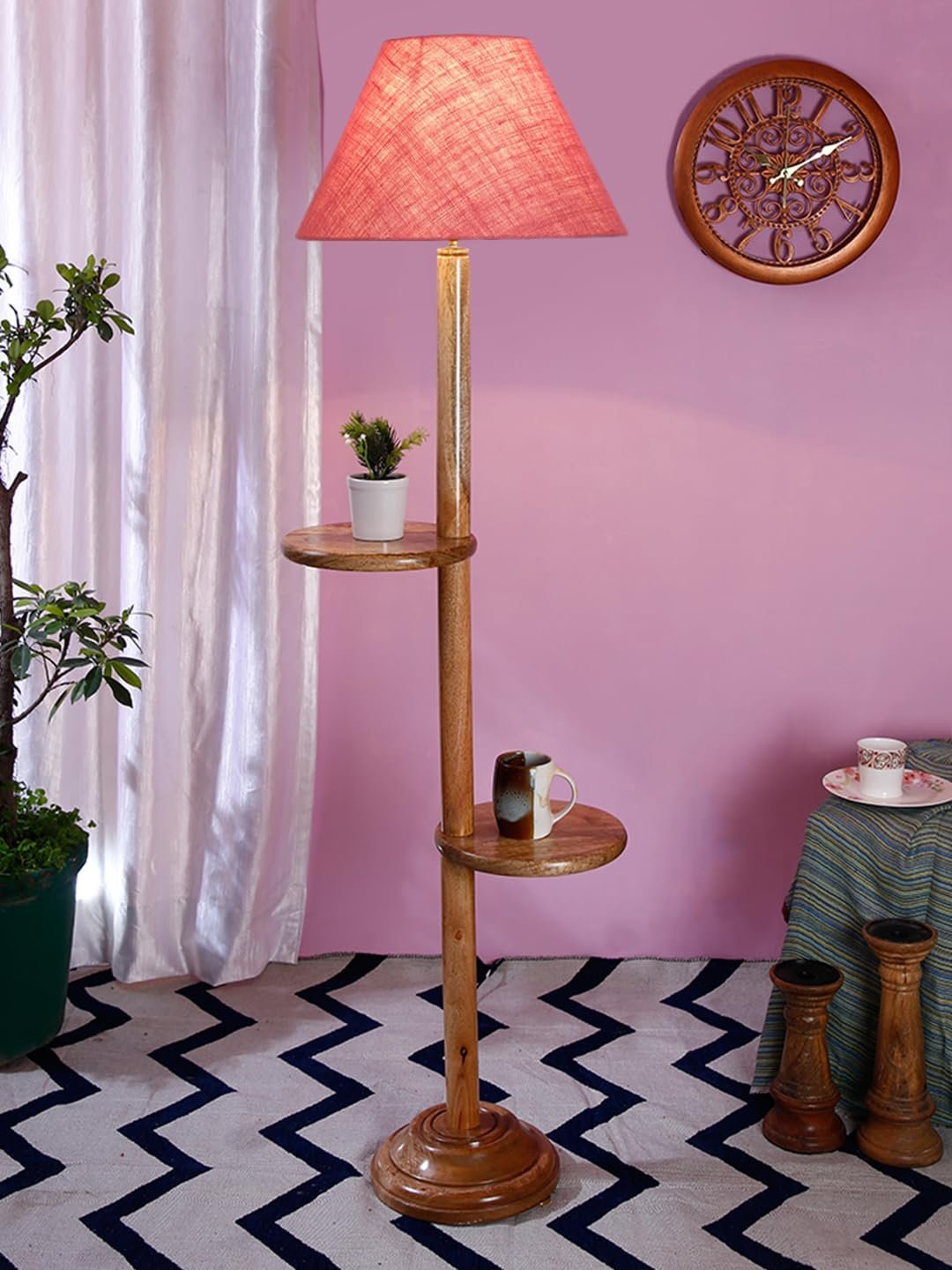 Pink Jute Conical Wooden Floor Shelf Lamp -29-(14x55.75inches) -
