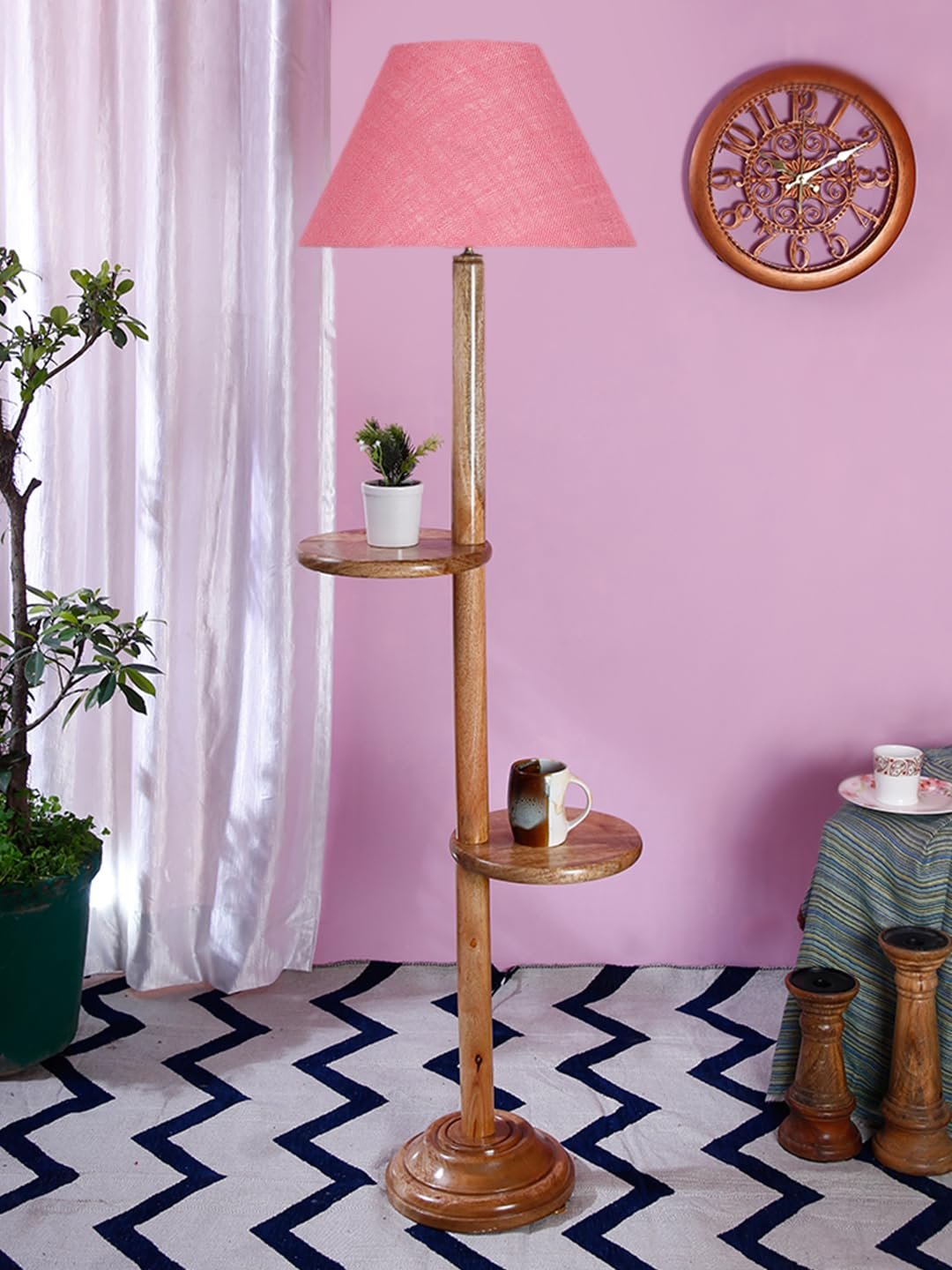 Pink Jute Conical Wooden Floor Shelf Lamp -29-(14x55.75inches) -