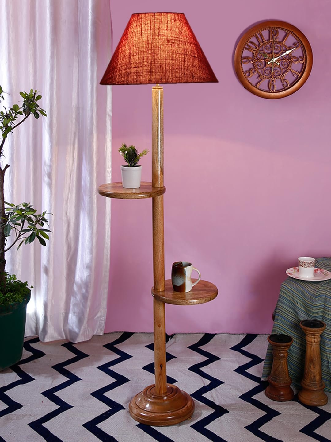 Maroon Jute Conical Wooden Floor Shelf Lamp -30-(14x55.75inches) -