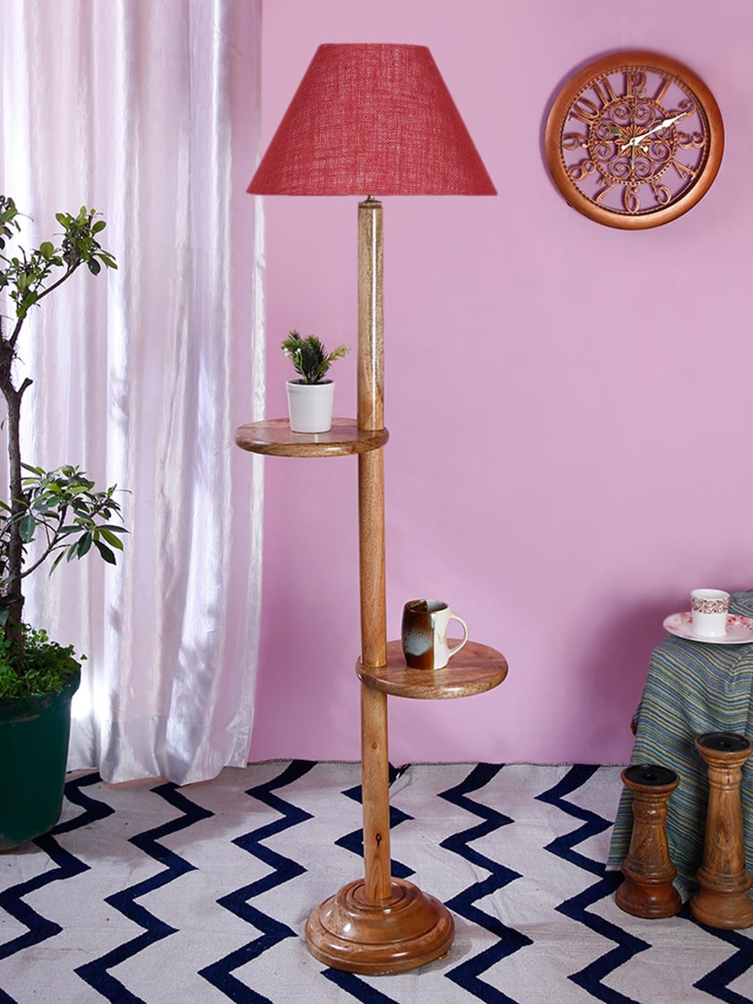 Maroon Jute Conical Wooden Floor Shelf Lamp -30-(14x55.75inches) -