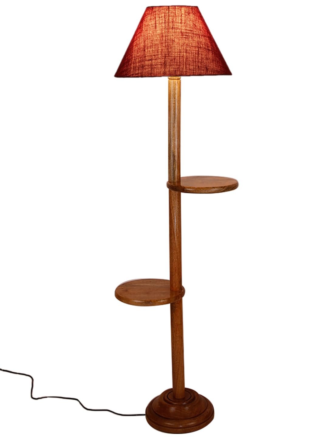 Maroon Jute Conical Wooden Floor Shelf Lamp -30-(14x55.75inches) -