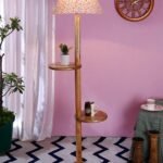 Printed Cotton Conical Wooden Floor Shelf Lamp -34(14×55.75inches) –