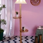 Vintage Cotton Curtain Pleated Shade Wood Floor Shelf Lamp -40(12×54.8inches)-