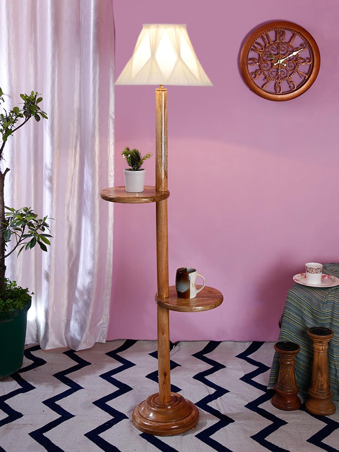 Vintage Cotton Curtain Pleated Shade Wood Floor Shelf Lamp -40(12x54.8inches)-