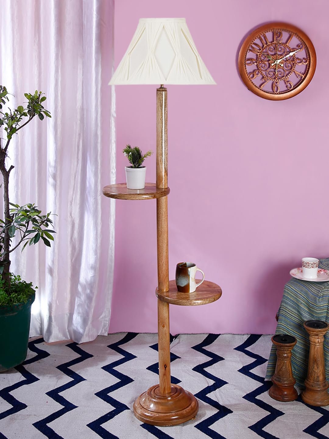 Vintage Cotton Curtain Pleated Shade Wood Floor Shelf Lamp -40(12x54.8inches)-