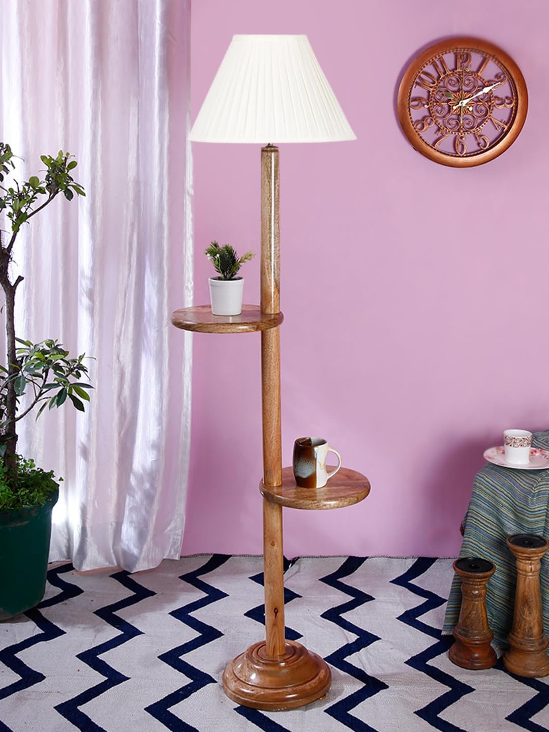 Cotton Straight Pleated Wooden Floor Shelf Lamp -42-(12x54.8inches)-