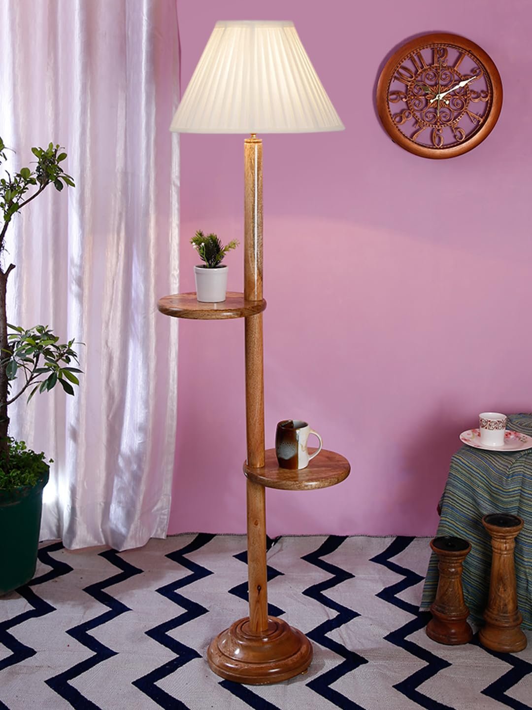 Cotton Straight Pleated Wooden Floor Shelf Lamp -42-(12x54.8inches)-
