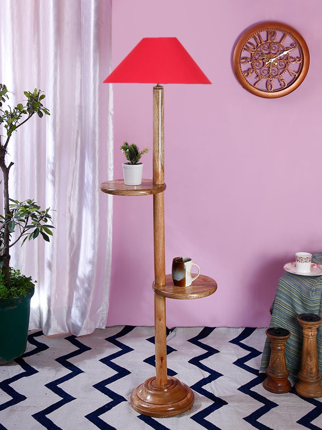 Red Cotton Coolie Floor Shelf Lamp -47 (13x53.75 inches)-