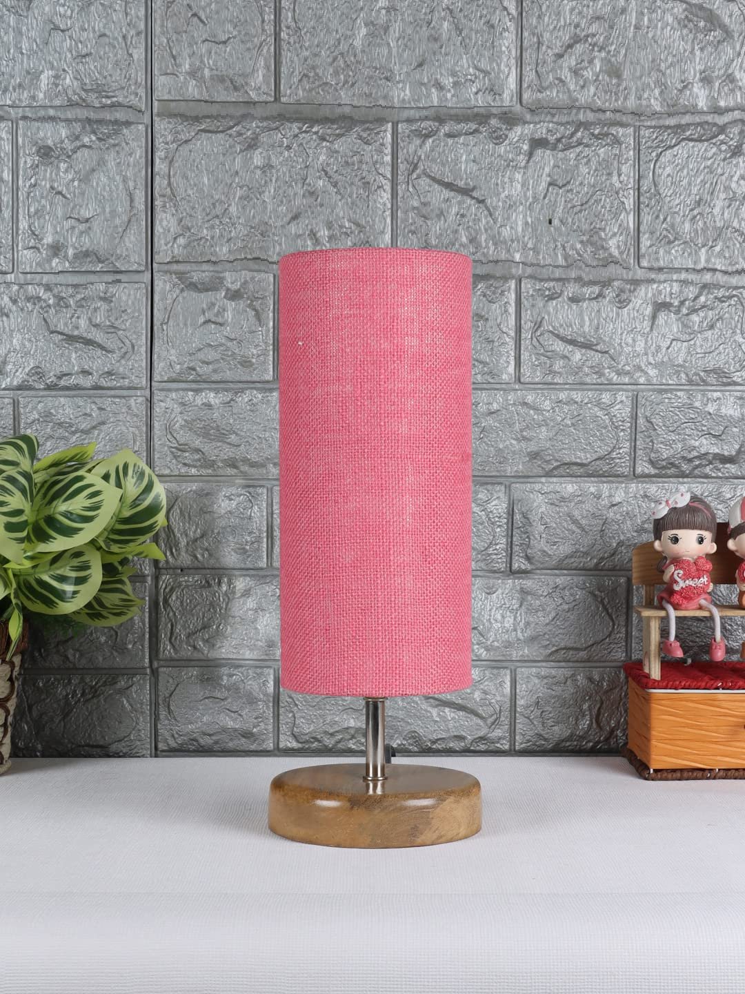 Wood Table lamp with Pink Jute Shade(48)